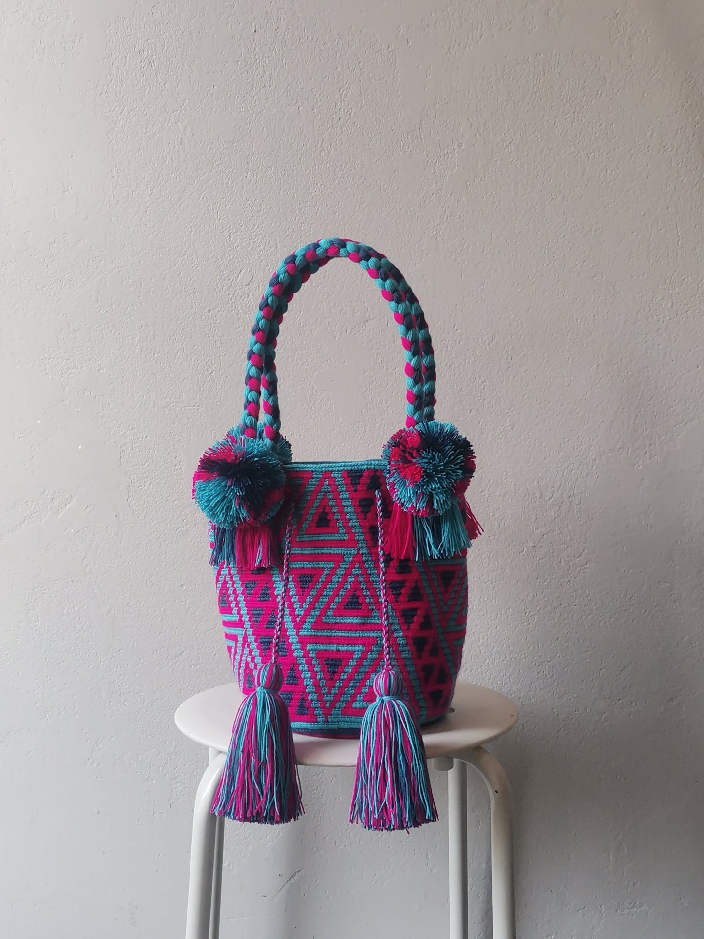 Mochila handbag M light blue and red-fuchsia 