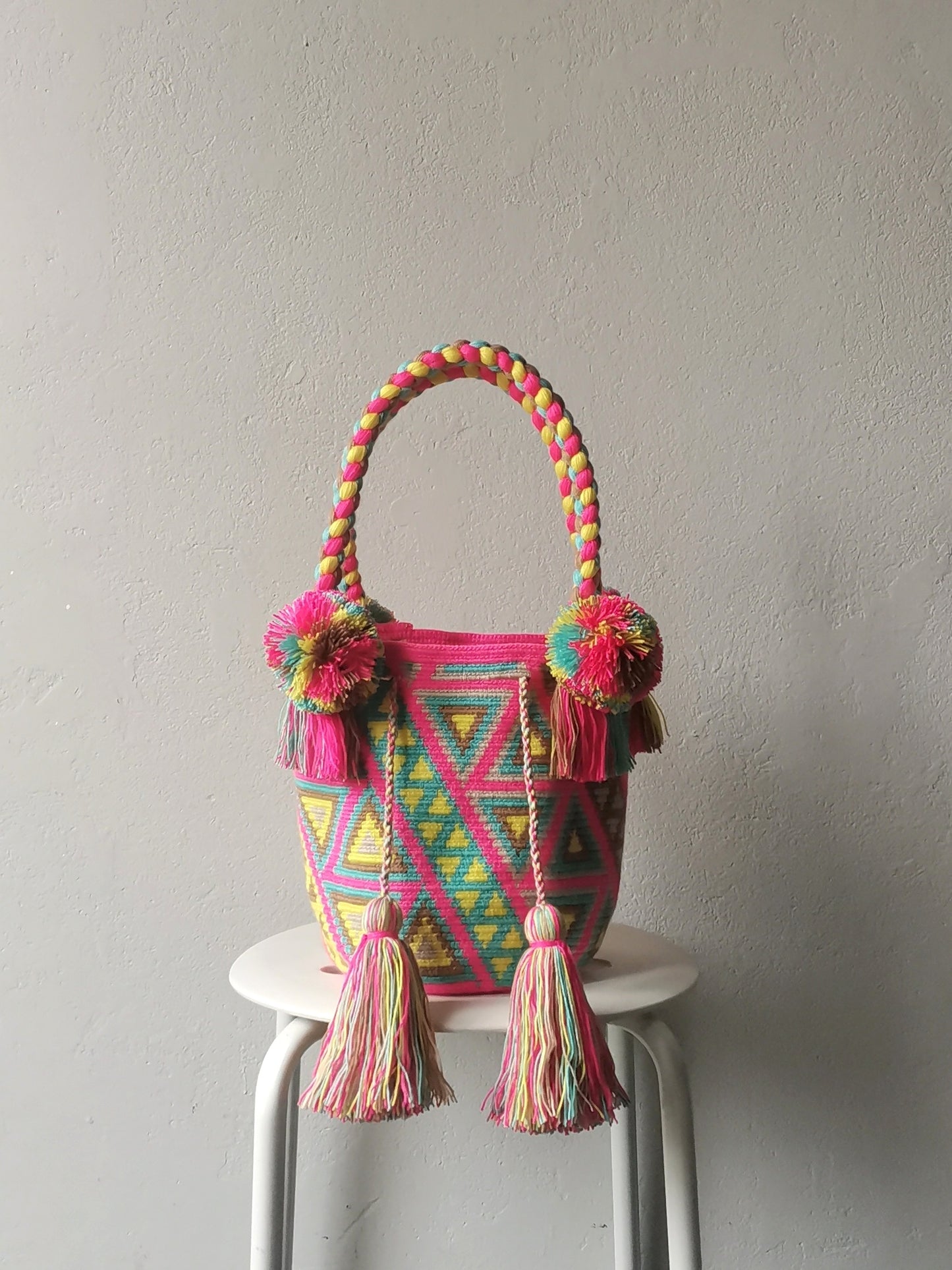 Mochila handbag M bright pink and yellow