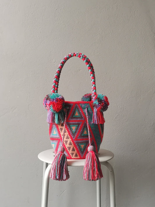 Mochila handbag M salmon pink-orange and turquoise