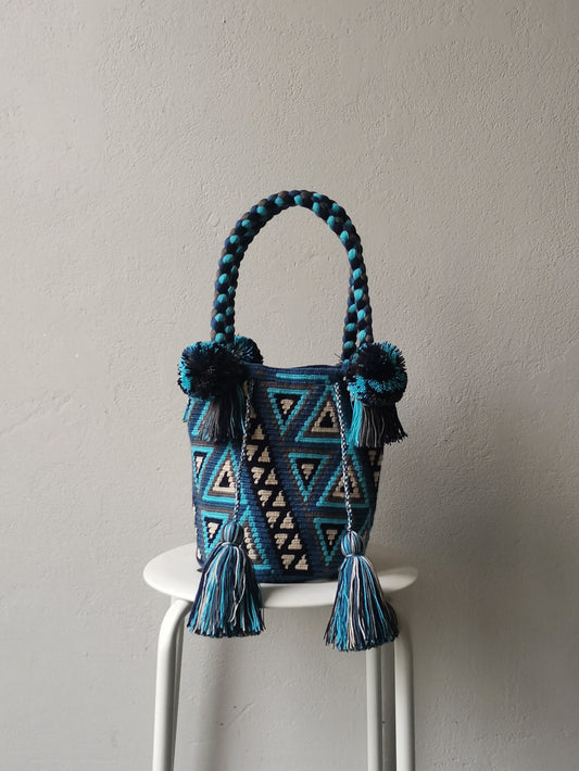 Mochila handbag M blue and beige