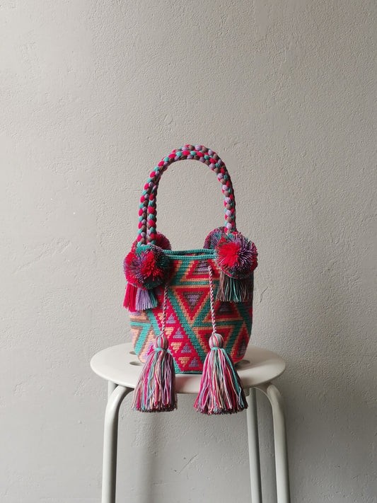 SAMPLE - Mochila handbag S light blue and pink-red