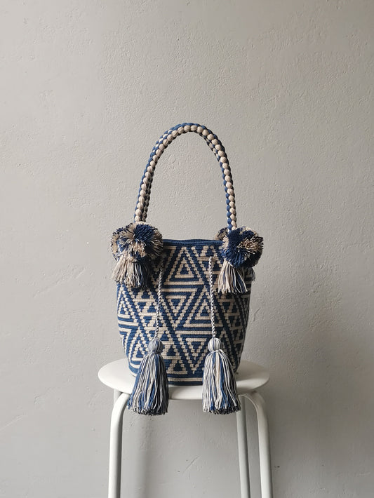 Mochila handbag M/L denim blue and beige