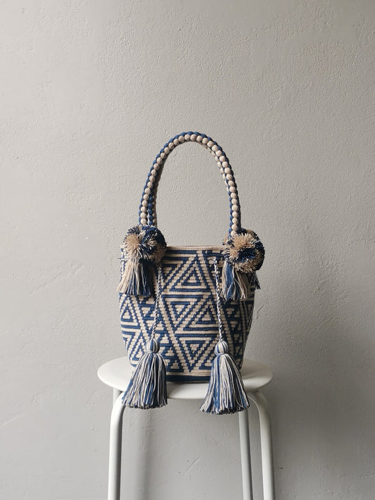 Borsa mochila a mano M/L beige e blu denim