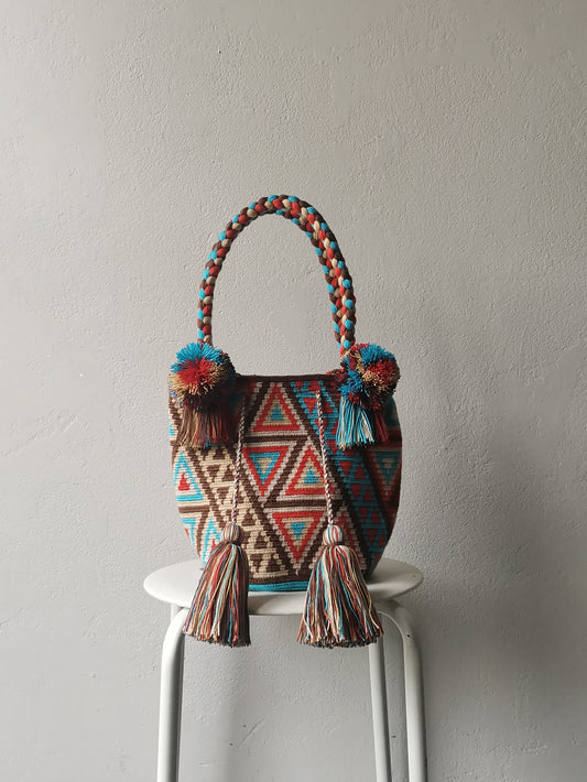 Mochila handbag M brown and turquoise blue