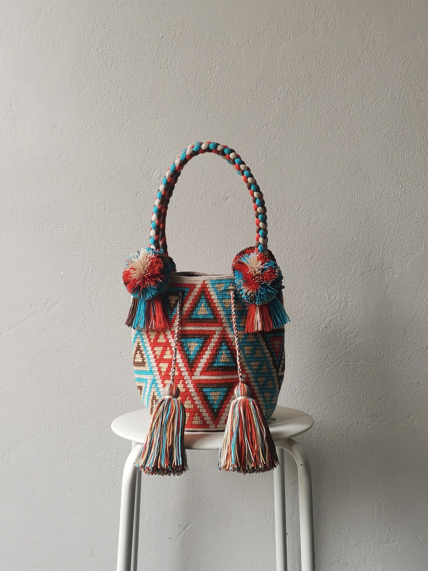 Mochila handbag M beige and turquoise blue