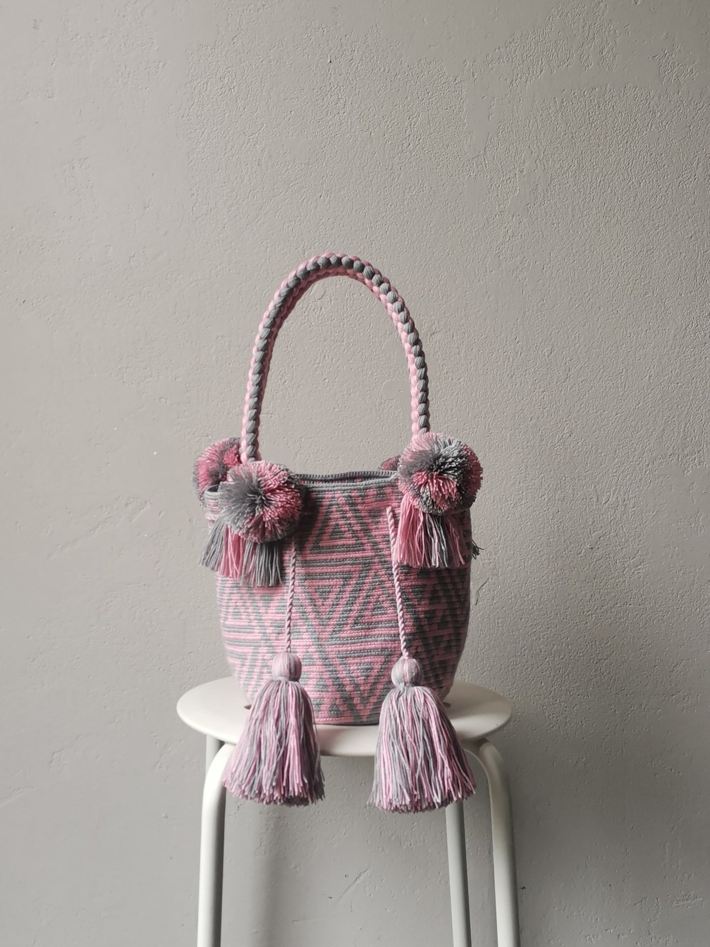 Mochila handbag M pearl gray and pink