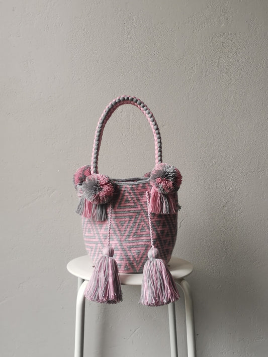 Sac à main mochila M gris perle et rose