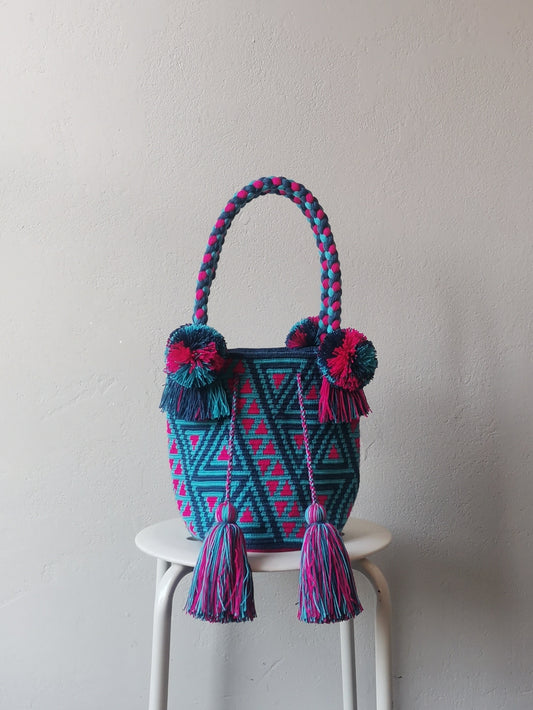 END OF SERIES - Mochila handbag M light blue and red-fuchsia 